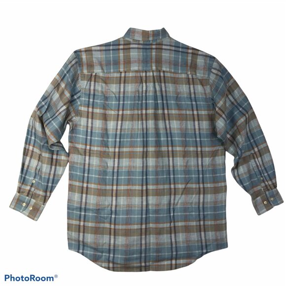 JOS A. BANK Linen Shirt Men M Button Up Long Sleeve Blue  & Tan Plaid - Picture 3 of 7
